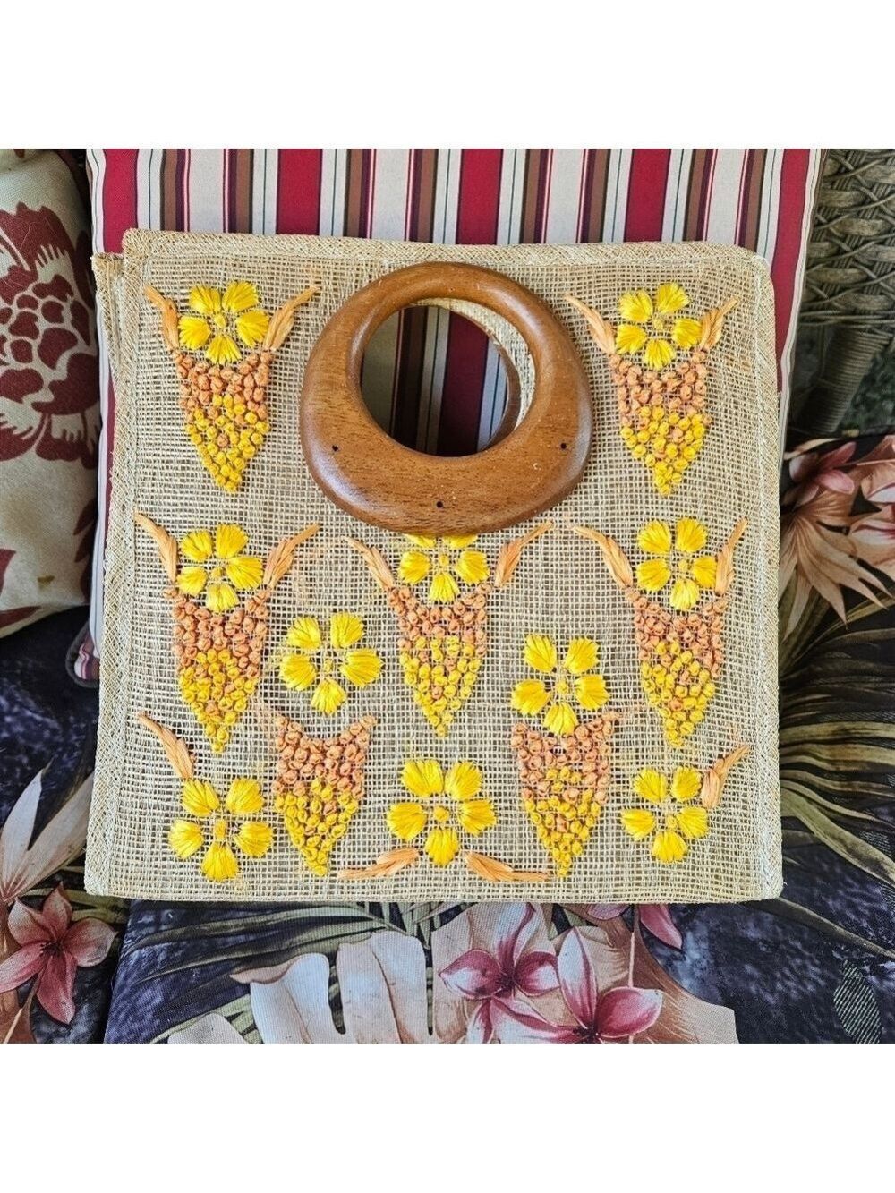 Vintage Woven Canvas Floral Front Wood Handle Bag